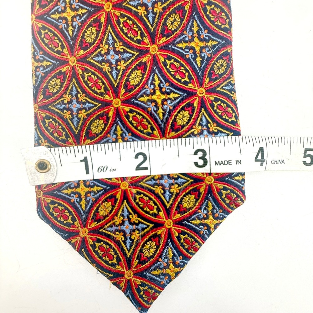 Haines & Bonner London Tie Mens OS Navy Red Gold Silk Geometric Medallion - Picture 8 of 8